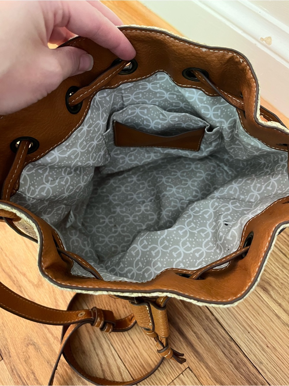 Sam Edelman Tan Leather-Trim Woven Drawstring Bucket Bag - Picture 4 of 6